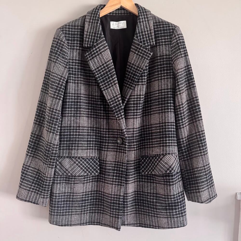 Z Supply Kingston Blazer Black Plaid Wool Blend Blazer Jacket Size Medium
